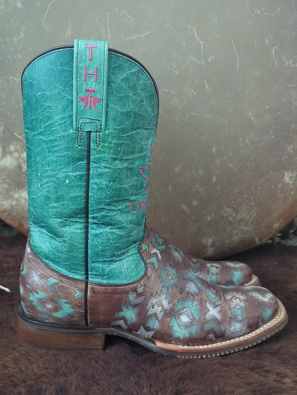 TIN HAUL "Painted Warrior" teal green/blue & brown Aztec square toe boots sz 9.5 - Picture 7 of 16